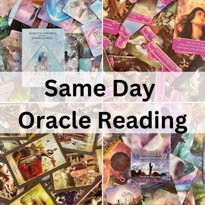 May include: A collage of oracle cards with a variety of designs and colors. The text "Same Day Oracle Reading" is superimposed on the image.