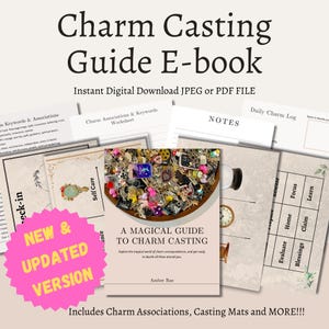 Może przedstawiać: Cyfrowy przewodnik do rzucania amuletów w kolorze różowym i białym, dostępny do pobrania. Okładka przedstawia miskę z amuletami i tytuł "A Magical Guide to Charm Casting". Przewodnik zawiera arkusze robocze, dziennik amuletów i maty do rzucania.