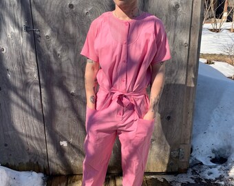 Vintage 80’s Pink Cotton Jumpsuit size Large/X-Large with Pockets