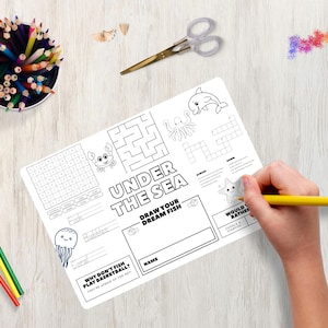 Under the Sea Party Activity Sheet | Printable Kids Birthday Games Placemat | Ocean Theme Colouring Maze Crossword | Instant Download