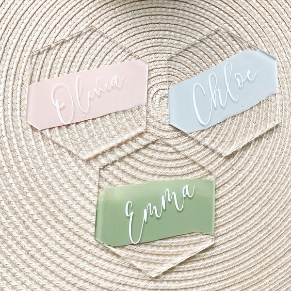 Acrylic 3" Hexagon Place Cards | Brush Painted Name Cards, Wedding Hexagon Place Cards, Minimal Name Place Card, Lettered Place Cards