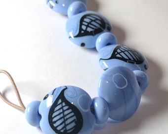 Pale blue leaf doodle handmade glass bead set - lampwork lentil beads - art beads for jewellery design - Jolene Beads - SRA