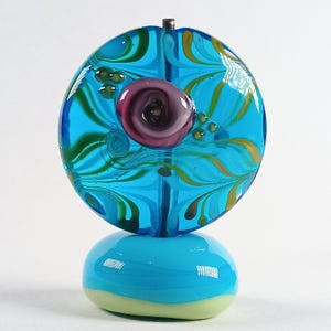 Aqua blue raked lampwork lentil focal bead with a pink tea rose - Jolene Beads