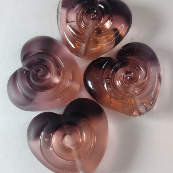 Perles focales de coeur en verre texturé violet et rose - fournitures de fabrication de bijoux - perles de verre fabriquées à la main - lampwork