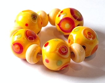 Yellow and orange lampwork bead set with stacked dots - handmade glass beads - art beads for jewellery design - Jolene Beads