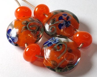Orange and blue floral design glass lentil beads - art glass beads - handmade lampwork - Jolene Beads - ooak jewelley design supplies