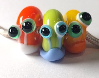 Big hole lampwork snail beads - 5mm hole -  letter box gift - handmade glass beads for charm bracelets, shoe laces, braids