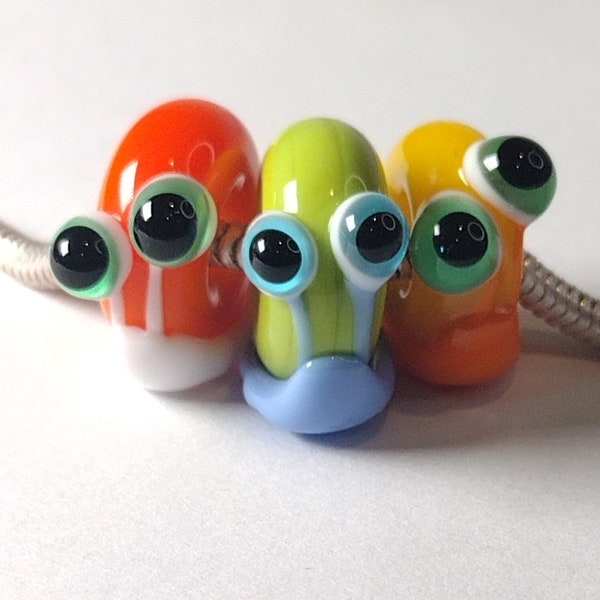 Big hole lampwork snail beads - 5mm hole -  letter box gift - handmade glass beads for charm bracelets, shoe laces, braids