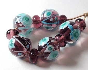 Purple, teal and white hand crafted glass bead set - Jolene Beads - glass art - unique jewellery making supplies