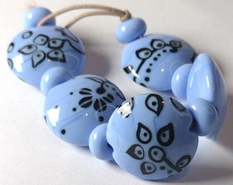 Pale blue henna inspired handmade glass bead set - lampwork lentil beads - art beads for jewellery design - Jolene Beads - SRA