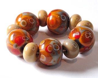 Tan brown and orange lampwork bead set with stacked dots - handmade glass beads - art beads for jewellery design - Jolene Beads