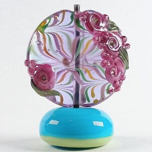 Lavender purple raked lampwork lentil focal bead with a pink tea rose - Jolene Beads