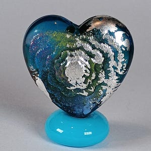 Bright blue flower texture glass heart focal bead - Jolene Beads