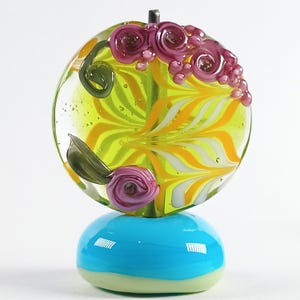 Lime green raked lampwork lentil focal bead with a pink tea rose - Jolene Beads