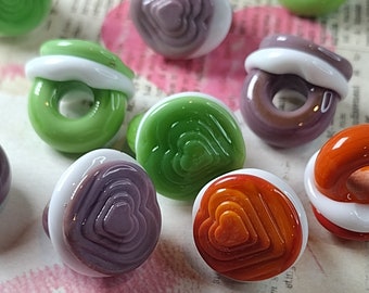 Bright heart lampwork shank buttons - 5mm hole - handmade glass buttons for decorating hand wash textiles, braids, dreads and bootlaces etc