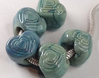 Big hole heart charm beads green teal  - 5mm hole -  letter box gift - lampwork glass beads for charm bracelets, shoe laces, braids