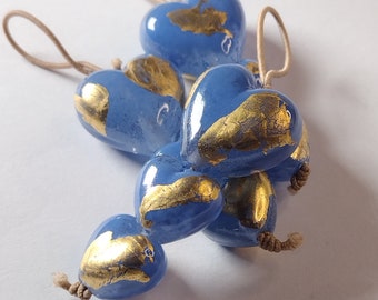 Dusted navy heart trio with gold leaf -  jewellery making supplies -  lampwork by Jolene Beads