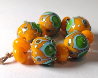 Apricot yellow and lime hand crafted glass bead set - Jolene Beads - glass art - unique jewellery making supplies