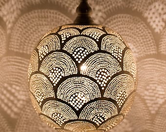 Handmade Moroccan Brass Pendant Light, Perforated Globe Chandelier, Art Deco Ceiling Fixture