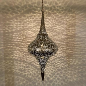 Moroccan Brass Pendant Lamp, Hand-Pierced Teardrop Ceiling Light with Star Pattern Shadows, Nejma Artisan Lighting for Entry or Lounge
