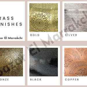 May include: A grid of six panels displaying brass finishes from Bazar El Marrakchi. The panels show metal surfaces in gold, silver, bronze, black, and copper, each featuring intricate laser-cut patterns with small circular perforations.