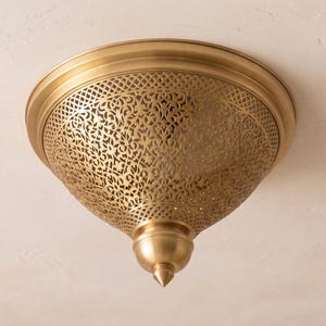 Moroccan Brass Flush Mount, Pierced Floral Safiya Ceiling Light, Moorish Hallway Lamp
