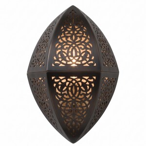 May include: A dark brown, almond-shaped wall sconce featuring intricate, laser-cut filigree patterns. The metal frame has a matte finish, and warm light glows from within the cutouts, casting a soft illumination through the decorative design.
