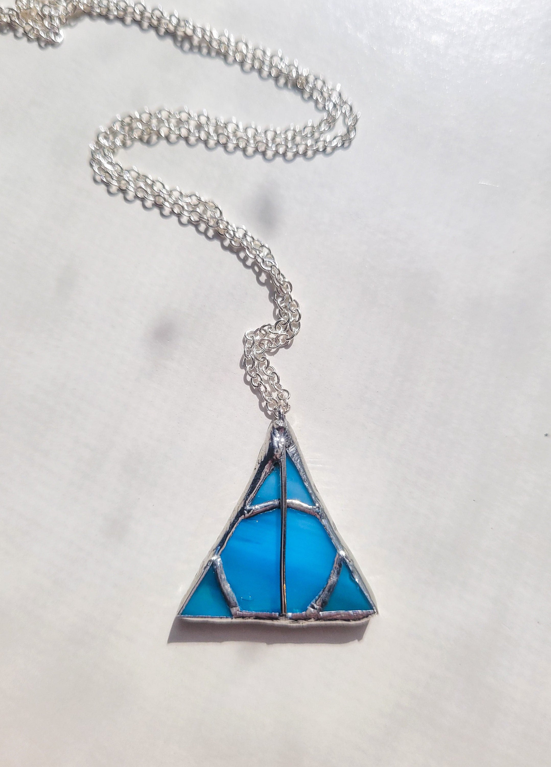 Blue Deathly Hallows Stained Glass Necklace Lead Free