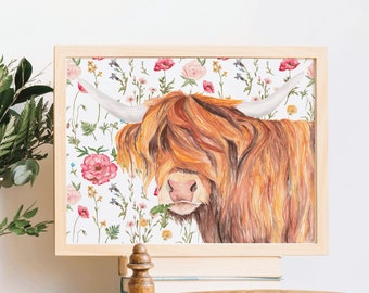 Impresión de vaca de las Tierras Altas, arte mural de vaca de las Tierras Altas en acuarela, decoración del hogar campestre, pintura de vaca de las Tierras Altas, imágenes de vacas de las Tierras Altas, arte floral británico