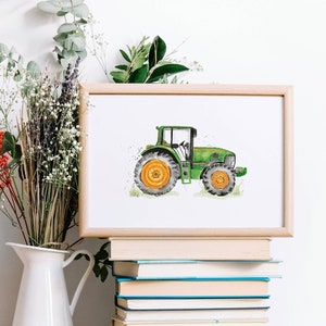 AQUARELAFDRUK TRACTOR, John Deere-tractorafdruk, inrichting boerderijkwekerij, kunst aan de muur tractorkwekerij, peuterslaapkamer, boerderijkwekerij, landbouwkunst
