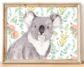 Akvarell koalakonsttryck, koalapresent, koalatryck, koalabarnrum, koalaväggkonst, koalabjörnstema, koala, nyföddpresent, barnrum