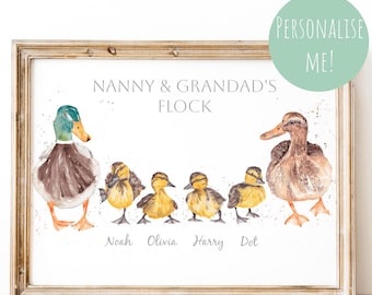 Wasserfarbe Familie Ente Druck, personalisierte Enkel Druck, Geschenk Großeltern, Geschenk für Oma, Kindermädchen Geschenk, Opa personalisierte Kunst
