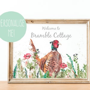 Personalised home sign print, housewarming gift, new home gift, new home print, pheasant painting wall art, first home, country home decor