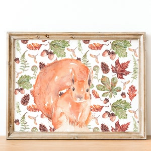 Red squirrel watercolour print, squirrel artwork, red squirrel gift, squirrel present, british wildlife, autumn artwork, autumn decor