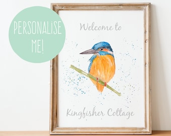 Impresión personalizada de acuarela de martín pescador, arte de pared de martín pescador, regalo de martín pescador, pájaros británicos, regalo para casa nueva, arte de pájaro con nombre, arte de martín pescador