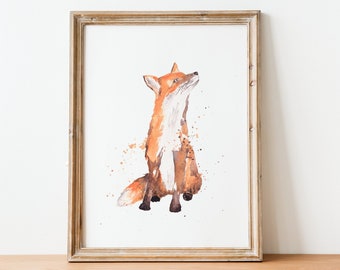 STAMPA VOLPE ACQUERELLO A3, dipinto di volpe, decorazione murale di volpe, stampa di animali selvatici britannici, regali a forma di volpe, arredamento per soggiorno in stile country, opera d'arte raffigurante una volpe