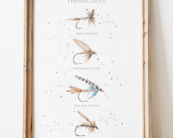 Impresión artística de pesca con mosca, ilustraciones de atados de moscas con acuarela, regalo de pesca, regalo de pesca con mosca para esposo, papá, abuelo, arte de pared de pesca con pescador