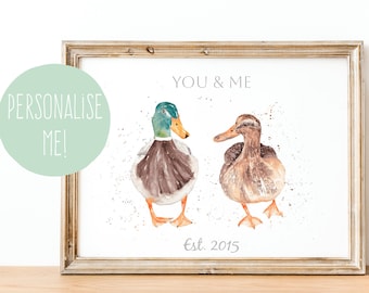 Impresión de pato de acuarela "Tú y yo", regalo de San Valentín, regalo personalizado para pareja, regalo de San Valentín para pareja, pareja de campo, regalo de pato, boda
