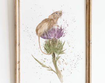 Mouse on thistle watercolour print, mouse painting, mouse gift, mouse wall art, nursery art, mouse art print, mum gift, country wall art