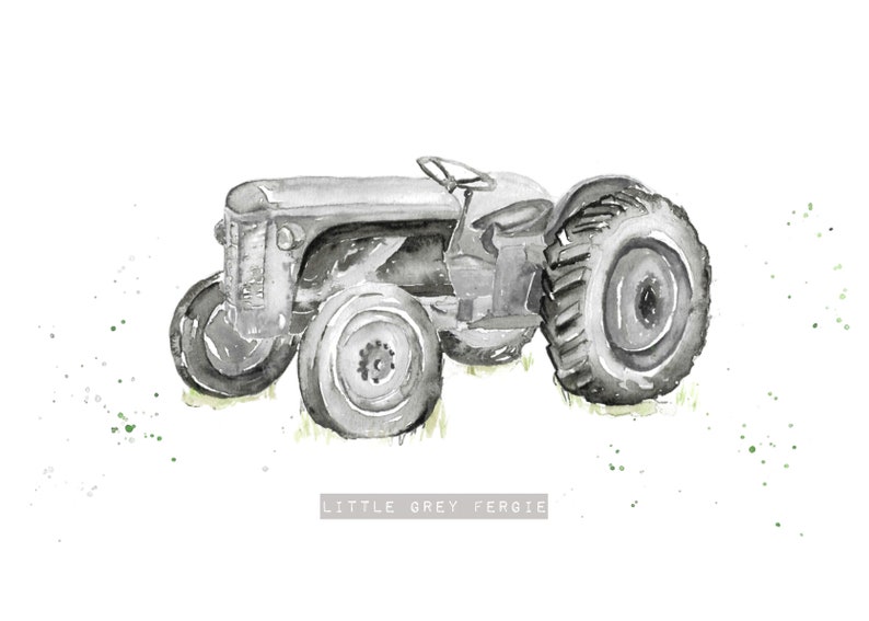 Puede incluir: Una pintura de acuarela de un tractor gris con el texto "LITTLE GREY FERGIE" debajo.