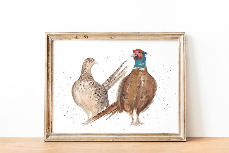 K&ouml;nnte beinhalten: Aquarellmalerei von zwei Fasanen in einem Holzrahmen. Der m&auml;nnliche Fasan hat einen roten Kopf, einen blauen Hals und einen braunen K&ouml;rper. Das weibliche Tier ist braun mit gesprenkelten Markierungen. Das Kunstwerk befindet sich auf wei&szlig;em Hintergrund.