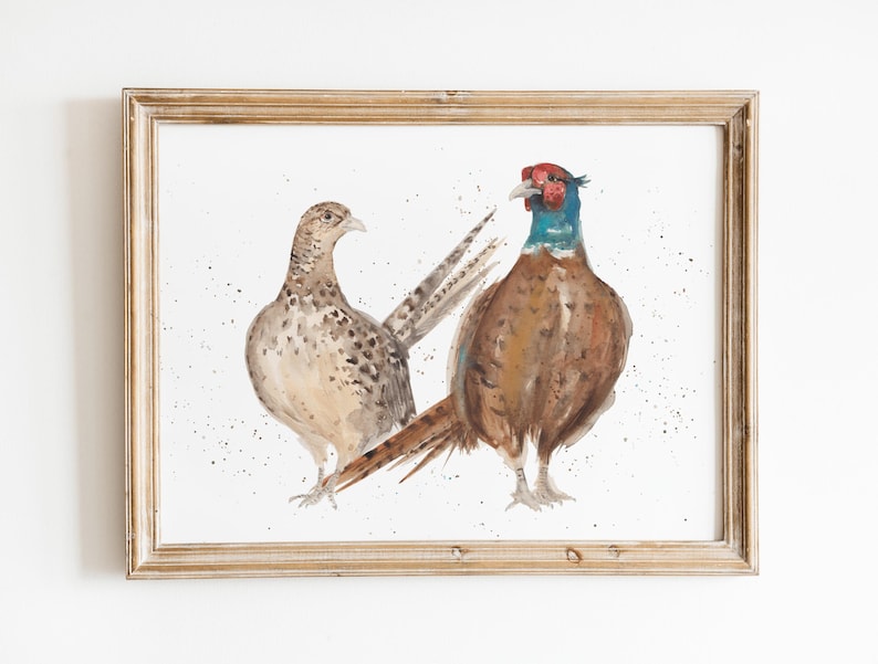 K&ouml;nnte beinhalten: Gerahmtes Aquarellgem&auml;lde mit zwei Fasane. Einer ist braun und beige, der andere hat einen blauen Hals und einen roten Kopf. Das Kunstwerk befindet sich auf einem wei&szlig;en Hintergrund mit kleinen Farbspritzern, in einem hellbraunen Holzrahmen.