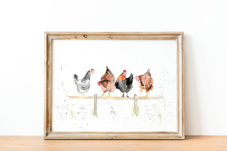 May include: Watercolor print of five chickens perched on a wooden fence. The chickens are in shades of gray, brown, and black with red combs. The artwork is framed in a light brown wooden frame, with a white background.