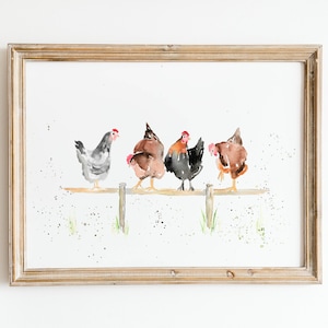 May include: Watercolor print of four chickens perched on a wooden fence. The chickens are in shades of gray, brown, and black with red combs. The artwork is framed in a light brown wooden frame.