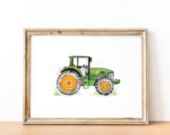AQUARELAFDRUK TRACTOR, John Deere-tractorafdruk, inrichting boerderijkwekerij, kunst aan de muur tractorkwekerij, peuterslaapkamer, boerderijkwekerij, landbouwkunst