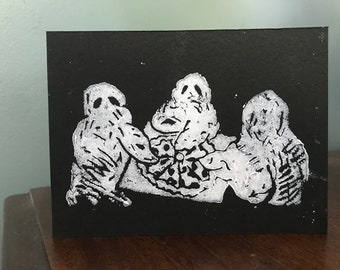 Spooky Pizza Party (Linocut Block Print)