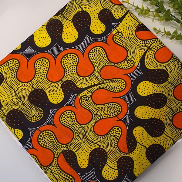 Afrikanischer Wachs Baumwollstoff - Ankara Fabric - Orange Gelb Muster