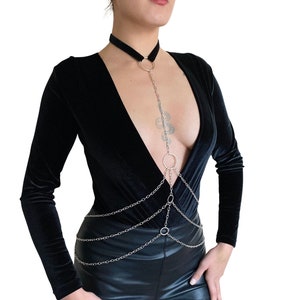 Bohemian Silver Triple-Layer Body Chain Harness with O-Rings - Handmade Festival Jewelry for Women