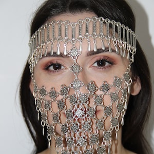 Vintage Silver Face Chain: Handmade Arabic-Style Oriental Headpiece for Weddings, Parties & Belly Dancing