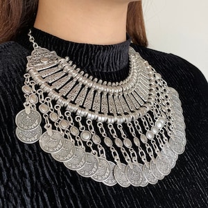 Antique Silver Boho Necklace Ethnic Necklace Coin Pendant Necklace Handmade Necklace Hippie Necklace Bohemian Necklace